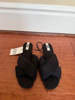 ZARA Black Padded Cross-Over Slide Sandals